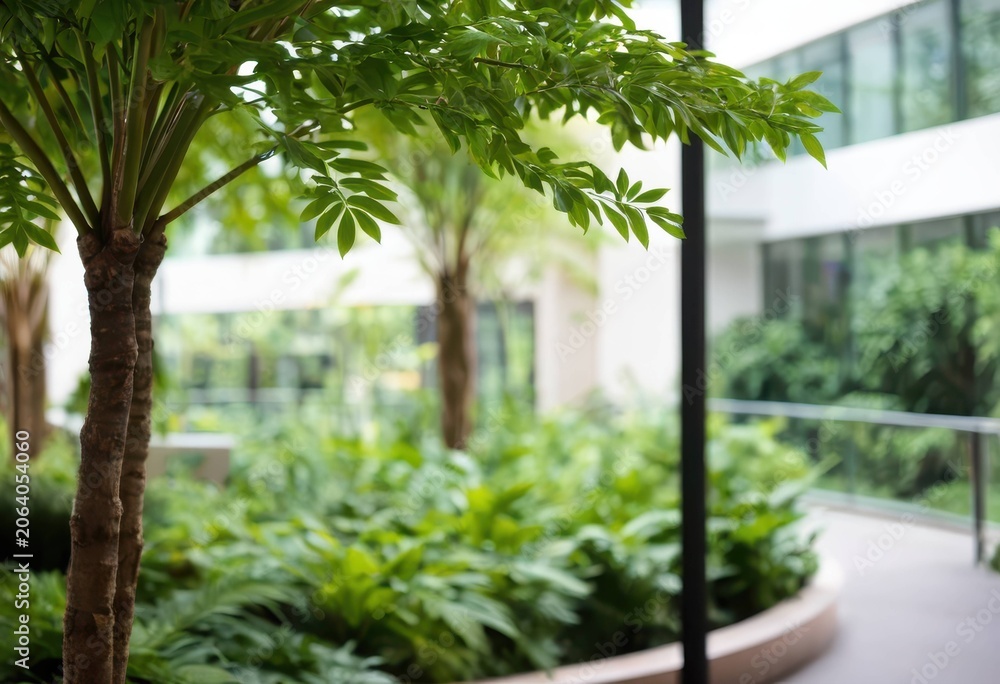 Fototapeta premium Vibrant green houseplant leaves growing on a modern building terrace