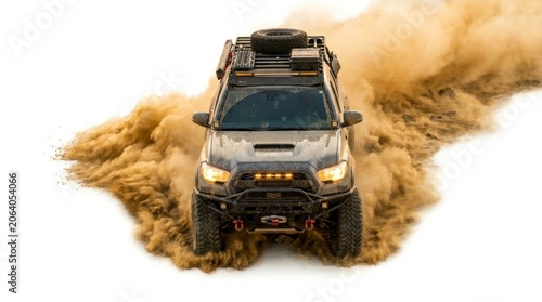 Off-road truck drifting through sand cloud on white background in dynamic high-speed shot for automotive advertising