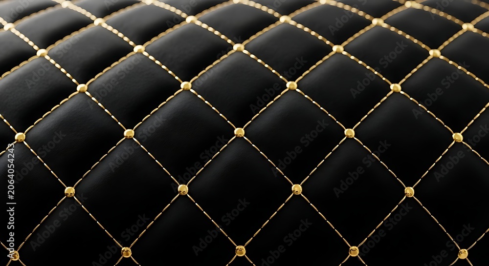 Fototapeta premium Black tufted upholstery fabric with gold stitching and buttons closeup
