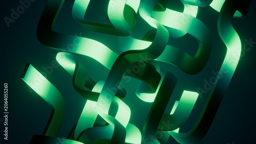 Intertwined glowing green ribbons create a dense futuristic abstract pattern. Bold 3D background for innovation, motion, and digital technology concepts.