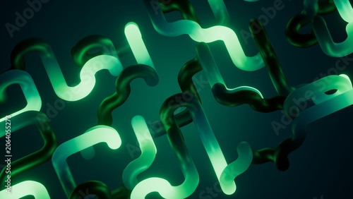 Neon green curved paths form an energetic abstract network in 3D. Ideal background for data, communication, and futuristic technology visuals.