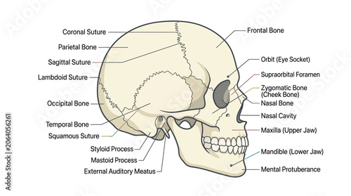 Fotografie Detailed anatomical illustration of a human skull with labeled bones and features on a plain white background