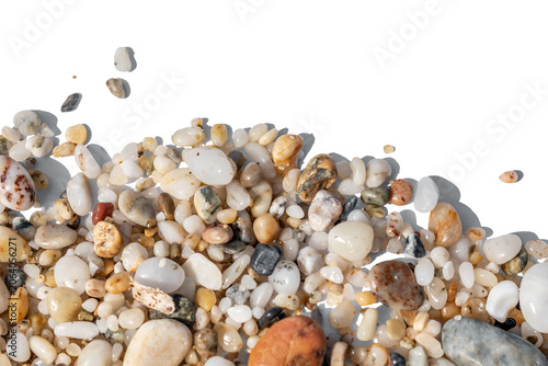 Close-up of smooth sea pebbles isolated on white or transparent background. Minimalist organic stone border with soft shadows and copy space. High-quality element for summer travel marketing