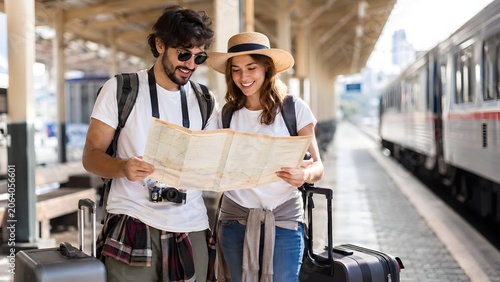 Traveling couple at train station