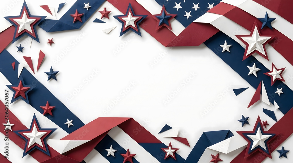 Obraz premium A creative paper craft background featuring layered dimensional stars and geometric stripes in red, white, and blue forming an artistic frame with central copy space on a white background.