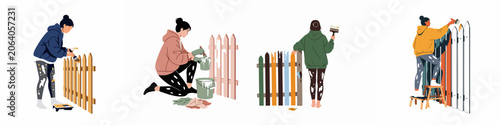 Fotografie Set of illustrations depicting a woman painting various wooden fences in different colors and poses, showcasing DIY home improvement and renovation projects