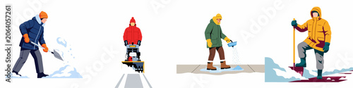 Billede på lærred Collection of illustrations depicting people clearing snow using shovels, a snow blower, and salt to maintain safe walkways during a cold winter season