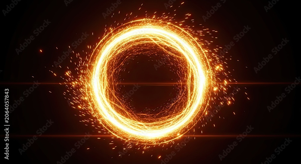 Fototapeta premium Brilliant golden energy ring generating shimmering sparks and a powerful light effect on a dark space background, suitable for science fiction concepts and magical themes