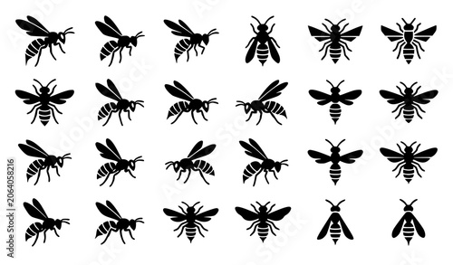 Obraz na plátne Minimal Wasp Symbol Vector Set with Insect Silhouette Icons and Flying Bug Eleme