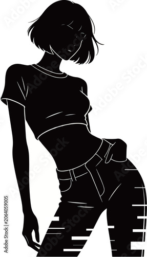 Urban Chic Silhouette: Modern Woman in Crop Top and Ripped Jeans