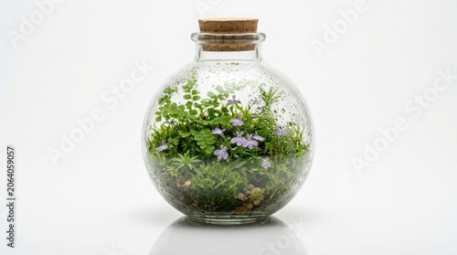 A glass jar contains green plants and purple flowers on a white surface indoors.