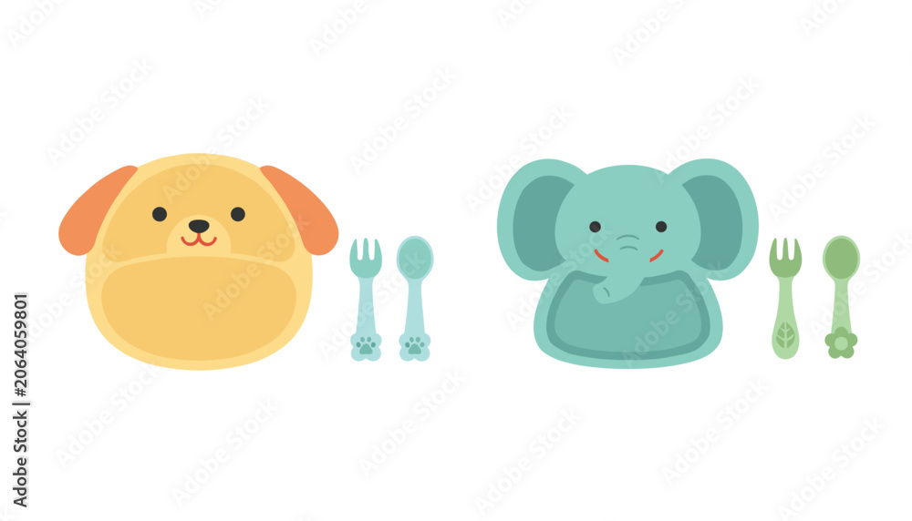 Fototapeta premium Cute children baby plates in the shapes of a yellow dog and a blue elephant with matching forks and spoons on white.