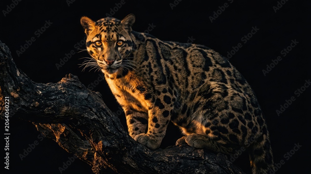 Obraz premium A leopard perches on a branch in the darkness, illuminated by a warm light source.