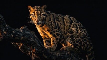 A leopard perches on a branch in the darkness, illuminated by a warm light source.