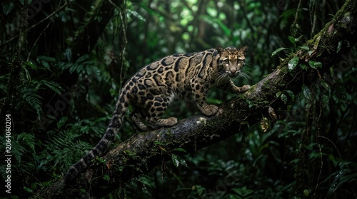 Clouded leopard perched on a tree branch in a dense forest habitat