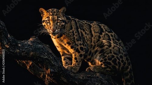 A leopard perches on a branch in the darkness, illuminated by a warm light source.