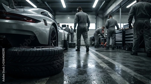 Professional mechanics servicing a luxury race car in a well-lit garage workshop