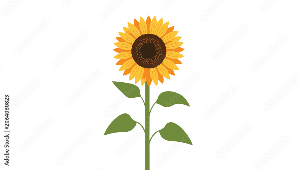 Fototapeta premium Vibrant yellow sunflower blossom standing tall on a single green stem with lush leaves against a plain white background.