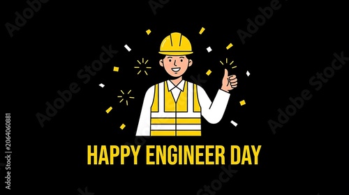 Happy engineer day featuring a worker in a yellow safety vest engineering