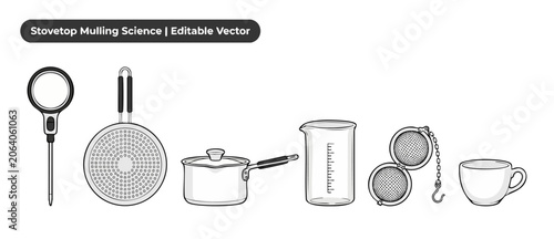 Εκτύπωση καμβά Kitchen tools vector icon set for stovetop mulling and tea brewing science illustration featuring digital thermometer, saucepan pot, glass beaker, mesh tea infuser, and cup isolated on white