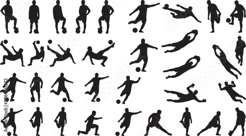 Soccer player silhouettes set, 32 football athlete vector icons, black sport figures kicking and jumping, goalkeeper action poses for sports design