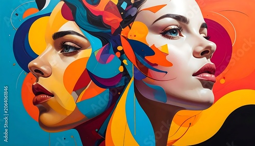 Vibrant Abstract Female Portraits Facing Opposite Directions in Colorful Graphic Composition