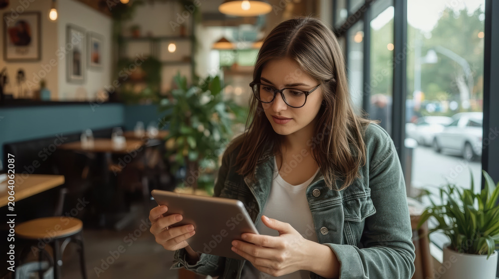 Fototapeta premium Young woman with tablet in cafe comparing investment options with focused expression