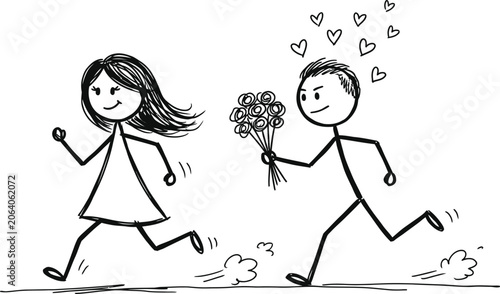Obraz na plátně Cartoon stick figure man chasing woman with flowers and hearts