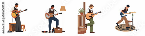 Εκτύπωση καμβά Collection of four vintage-style illustrations featuring men playing various guitars, including electric, resonator, and acoustic models, in classic Americana settings