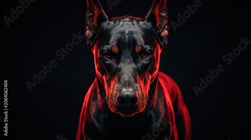 A close-up portrait of a Doberman Pinscher dog with red neon lighting on a dark background