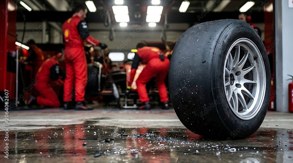 Naklejka premium Racing pit crew in red uniforms working in garage with tire in foreground