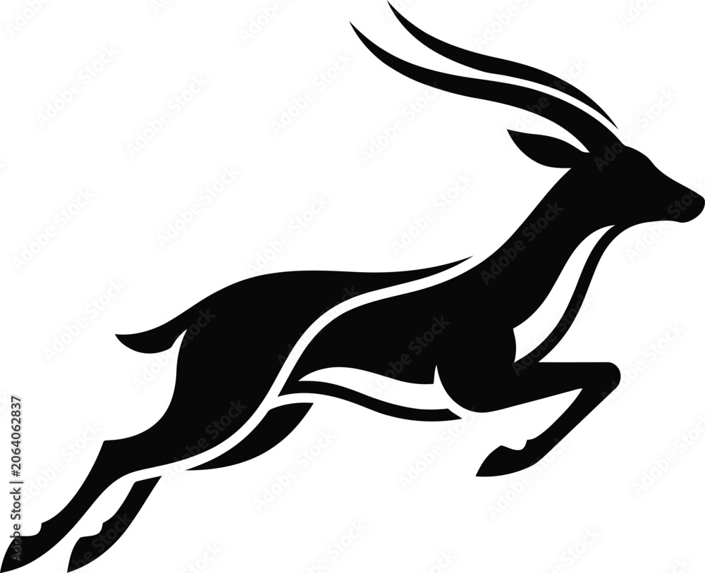 Fototapeta premium Antelope Running Icon with Bold Black Silhouette and Dynamic Curved Motion Lines on White Background