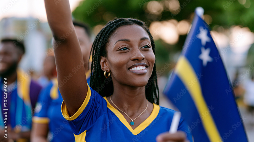Obraz premium Passionate Young Curaçao Female Football Fan Celebrating at Sunset
