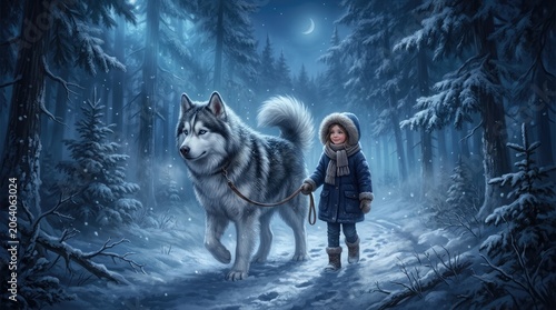 A young girl walks with her dog through a snowy forest under a moonlit night sky.