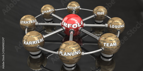 3d Erfolgskonzept im Netzwerk als glänzende Kugeln mit Lösung, Planung, Team, Karriere, Motivation, Chance, Idee und Startegie zum Erfolg. 3d Rendering