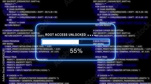 cyan glowing progress bar shows 100% percent of root access unlocked on a background of computer code programming- 4k black background icon animation with Glitch Effect