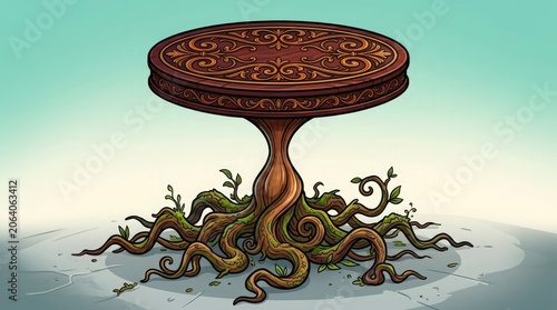 An hourglass-shaped table with tree roots grows in a sandy environment.