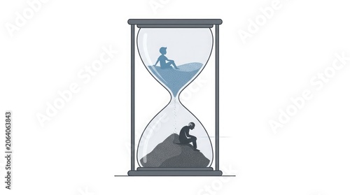 An hourglass with a man on a pile of coins and another man on a mountain inside.