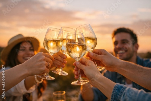 Friends toasting with white wine glasses during sunset outdoor celebration and summer vacation gathering