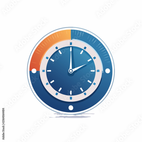 Modern round analog clock face with blue and orange segments and pointing hands showing approximate time