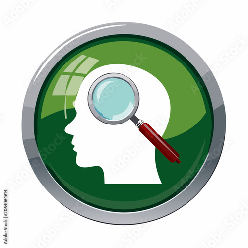 Magnifying glass examining human head silhouette inside a green circle button