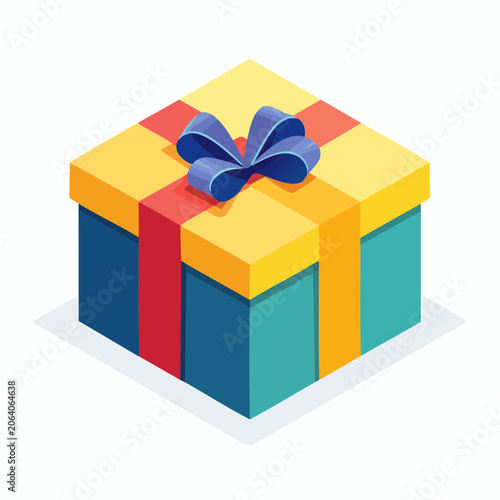 Festive Gift Box with Blue Bow and Red Ribbon in Isometric View