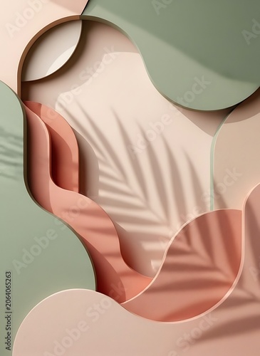 Minimalist 3D Abstract Paper Cut Landscape Background with Podium and Copy Space for Cosmetics and Skincare Product Presentation