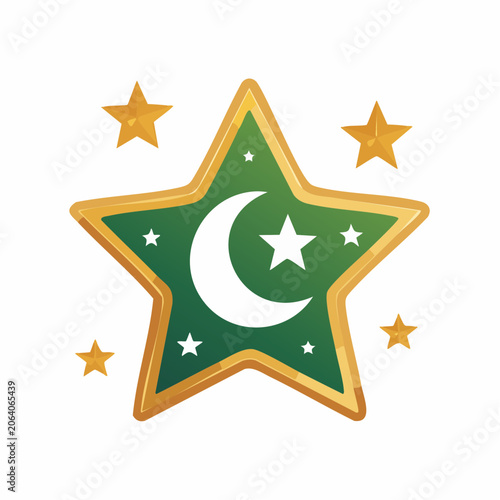 Green Star with Crescent Moon and Stars