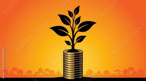 A sapling grows from a stack of coins on a table indoors.