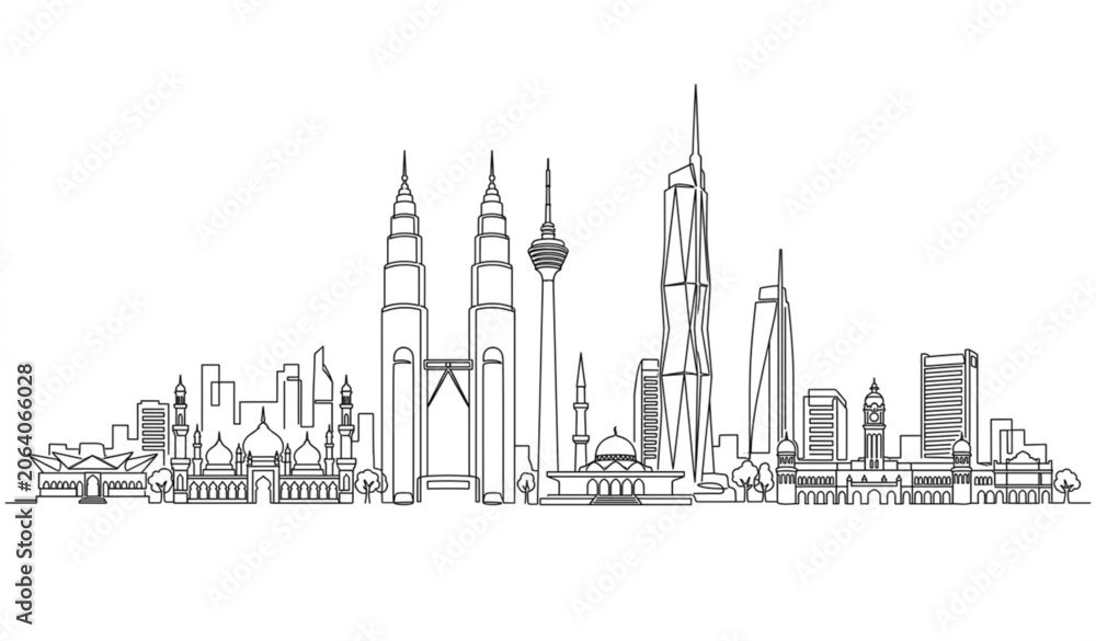 Obraz premium Continuous one line drawing of Kuala Lumpur Malaysia cityscape panorama