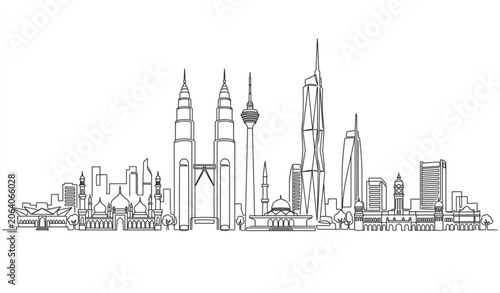 Photography Continuous one line drawing of Kuala Lumpur Malaysia cityscape panorama