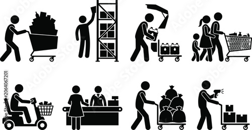 Foto Supermarket and grocery shopping icon set featuring stick figures buying food, s