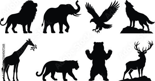 Photography Vector collection of wild animal silhouettes featuring lion, elephant, eagle, wolf, tiger, bear, and deer