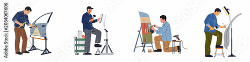 Set of illustrations showing professional mechanics performing paintless dent repair on vehicle body parts with specialized tools and lighting in a workshop.